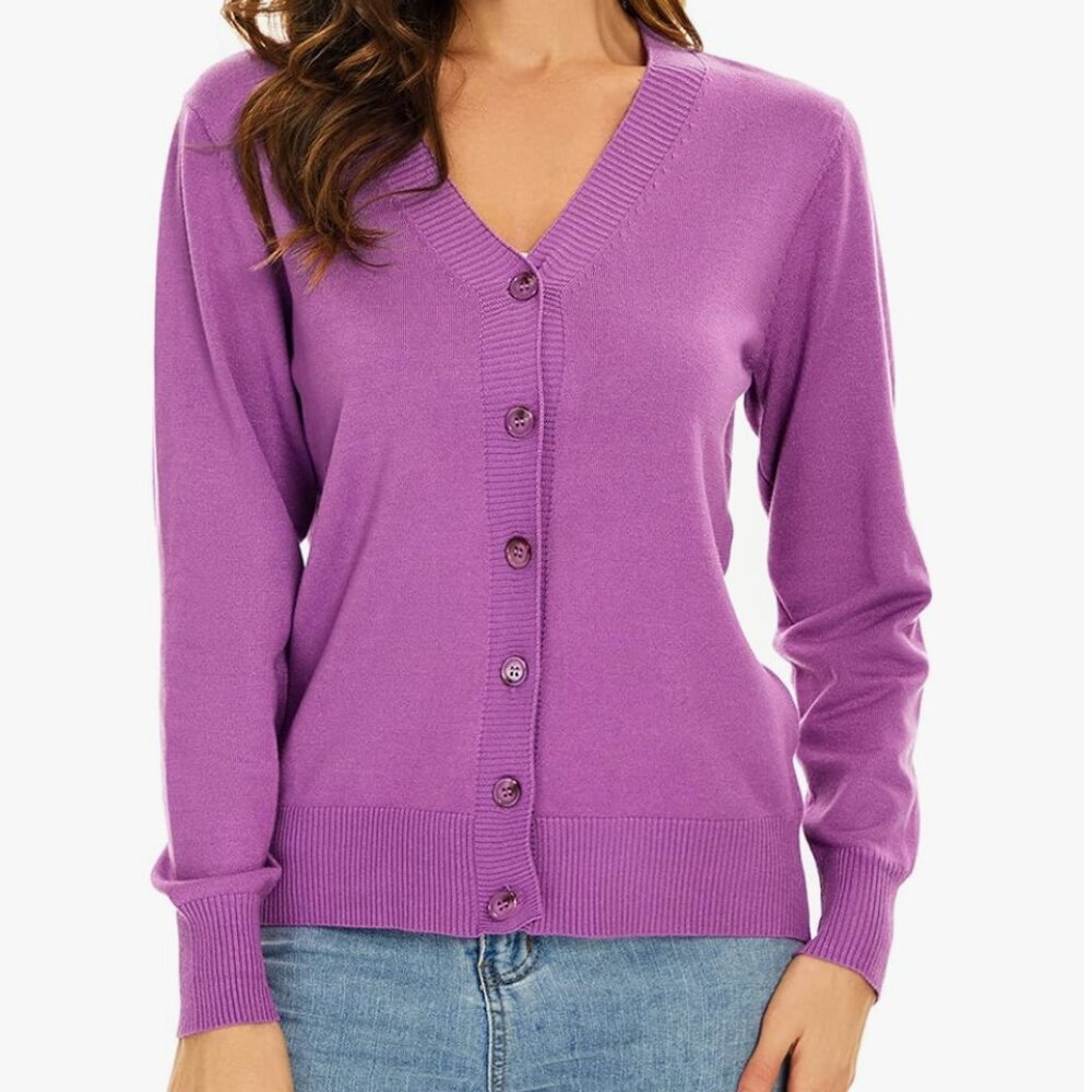 Women's V Neck Button Down Long Sleeve Purple Cardigan Sweater L